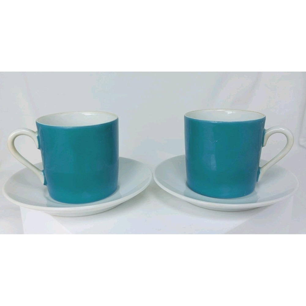 Vtg OMC Japan Espresso Demitasse Cup Saucer Set Of 2 Teal Porcelain 2.25"